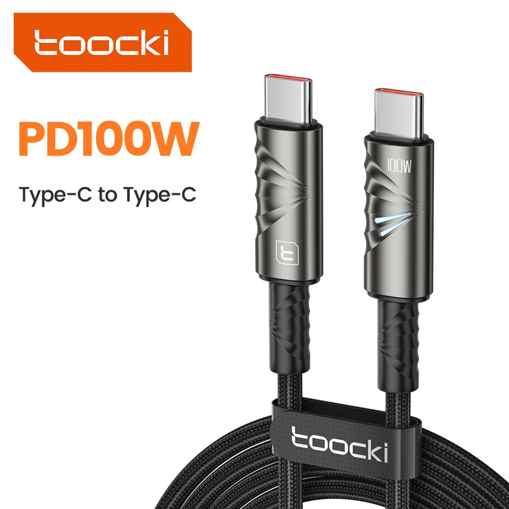 Toocki 100W PD 5A Type-C to Type-C E-Marker Göstergeli Çinko Alaşımlı Örgülü Hızlı Şarj ve Data Kablosu 1 Metre