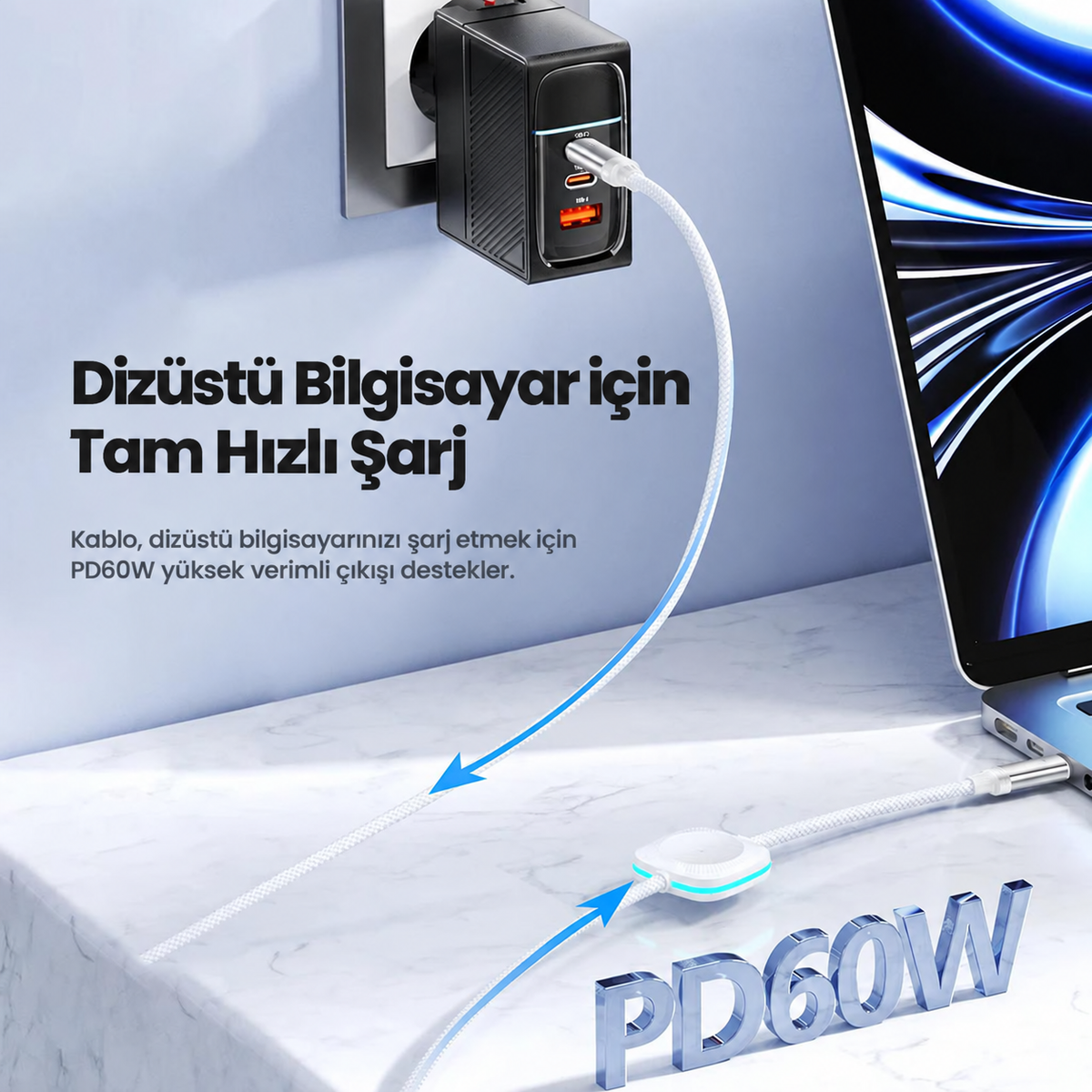 Toocki 2'si 1 Arada 60W USB-C Hızlı Şarj Kablosu ve Apple Watch Manyetik Şarj Pedi 1.2 Metre – TQ-X49C3