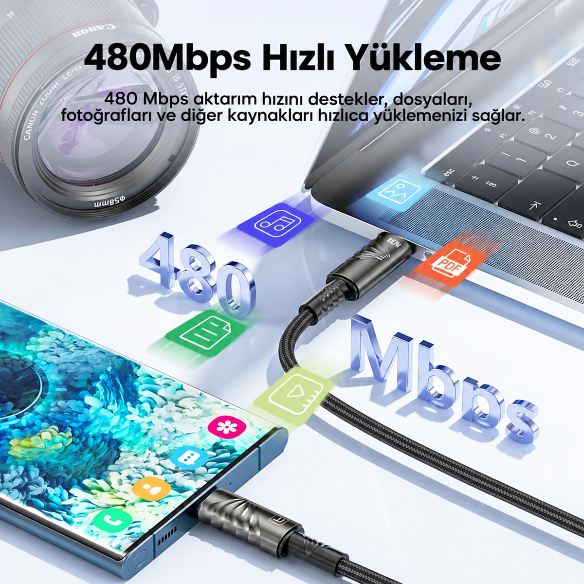 Toocki 100W PD 5A Type-C to Type-C E-Marker Göstergeli Çinko Alaşımlı Örgülü Hızlı Şarj ve Data Kablosu 1 Metre