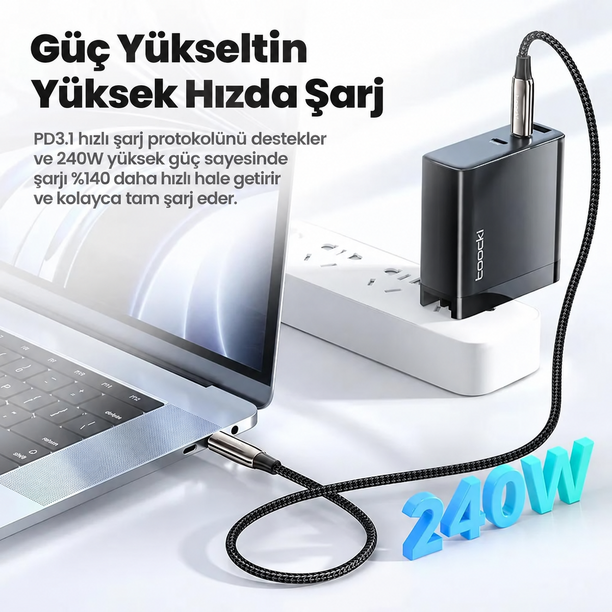 Toocki 240W PD 3.1 5A Type-C to Type-C E-Marker Çinko Alaşımlı Örgülü Hızlı Şarj ve Data Kablosu