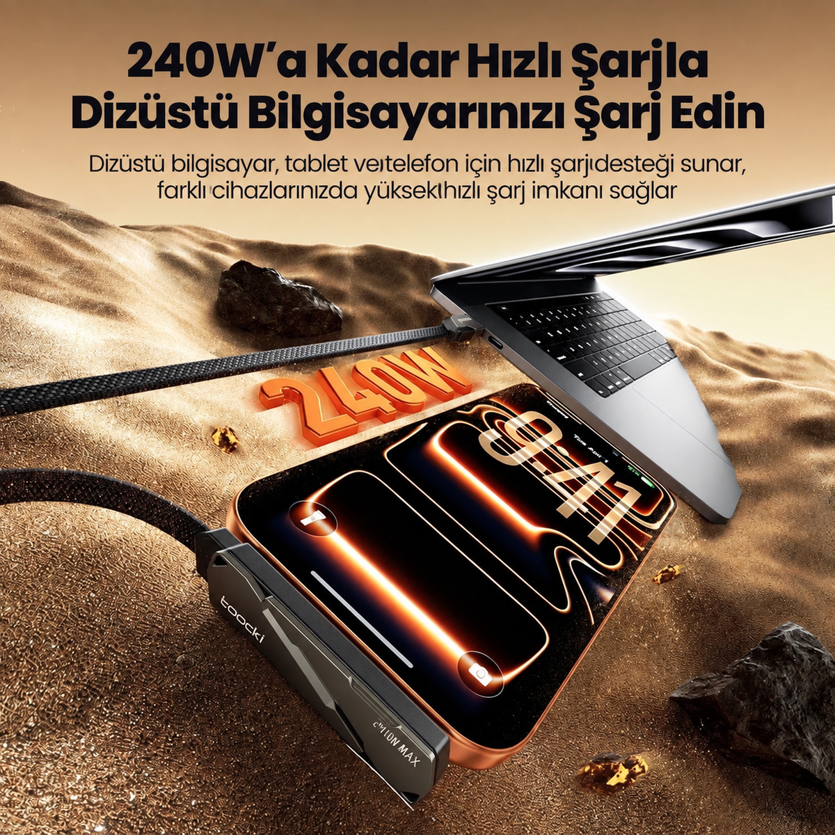 Toocki Blade 240W PD 3.1 Katlanabilir Standlı 90° Type-C to Type-C Örgülü Kablo 1.5M