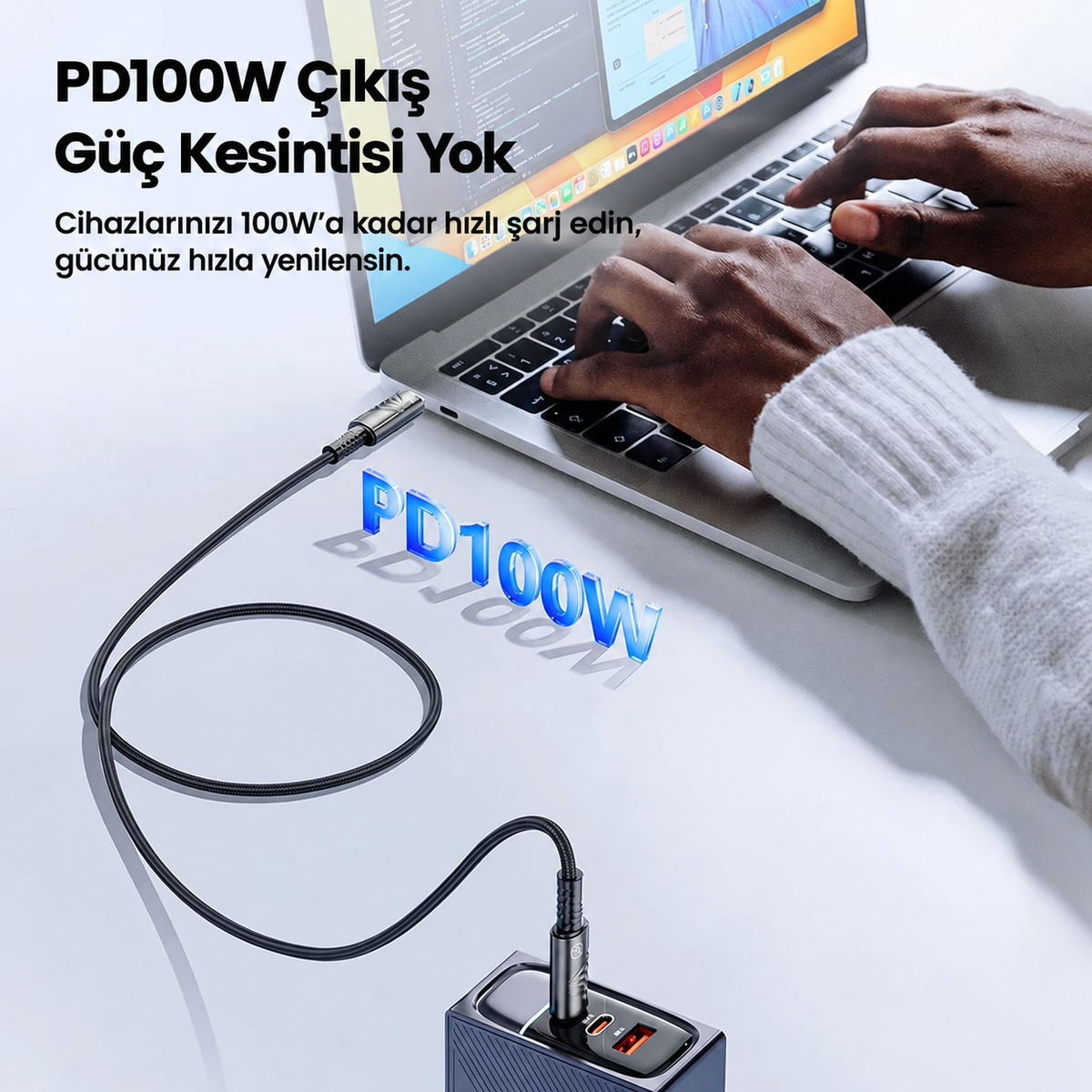 Toocki 100W PD 5A Type-C to Type-C E-Marker Göstergeli Çinko Alaşımlı Örgülü Hızlı Şarj ve Data Kablosu 1 Metre
