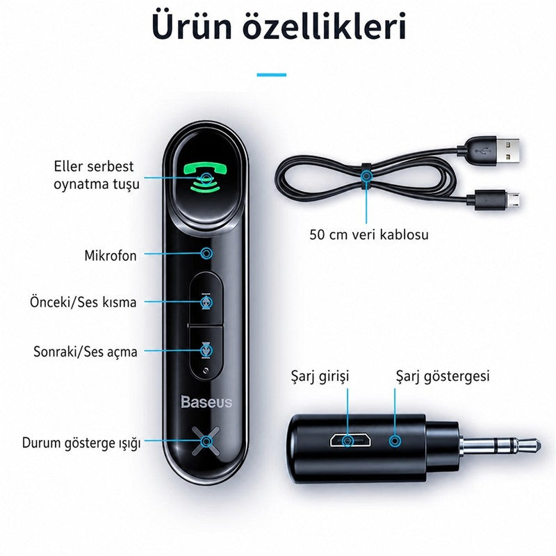 Baseus Bluetooth 5.0 Araç Kiti - 3.5 mm Aux Adaptörü BSBA-02