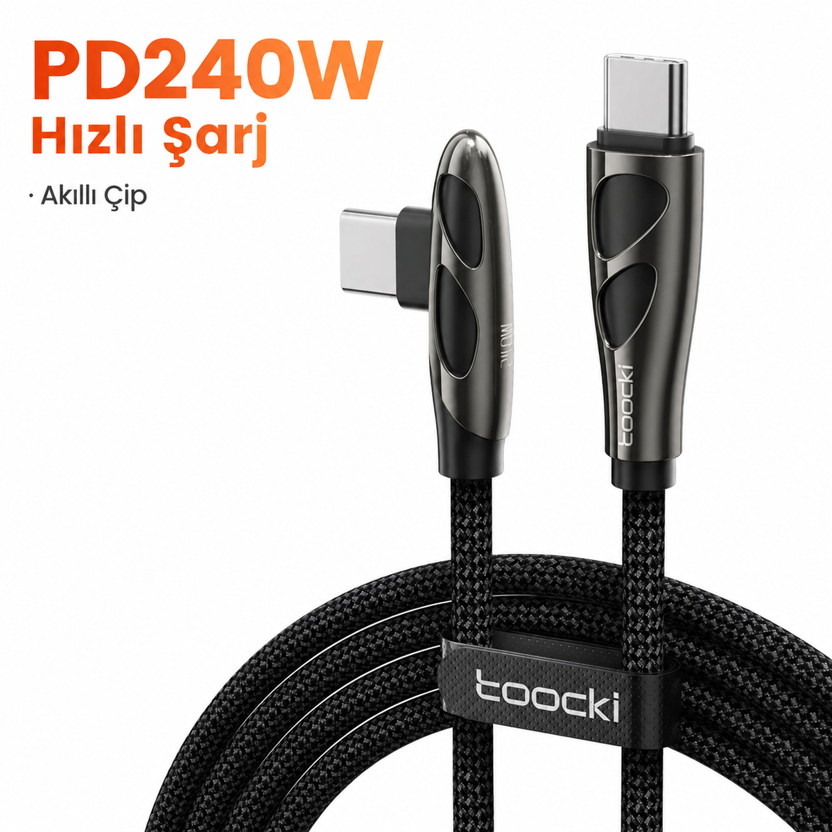 Toocki 240W PD 3.1 90° Dirsekli Type-C to Type-C E-Marker Çinko Alaşımlı Örgülü Hızlı Şarj ve Data Kablosu 1 Metre