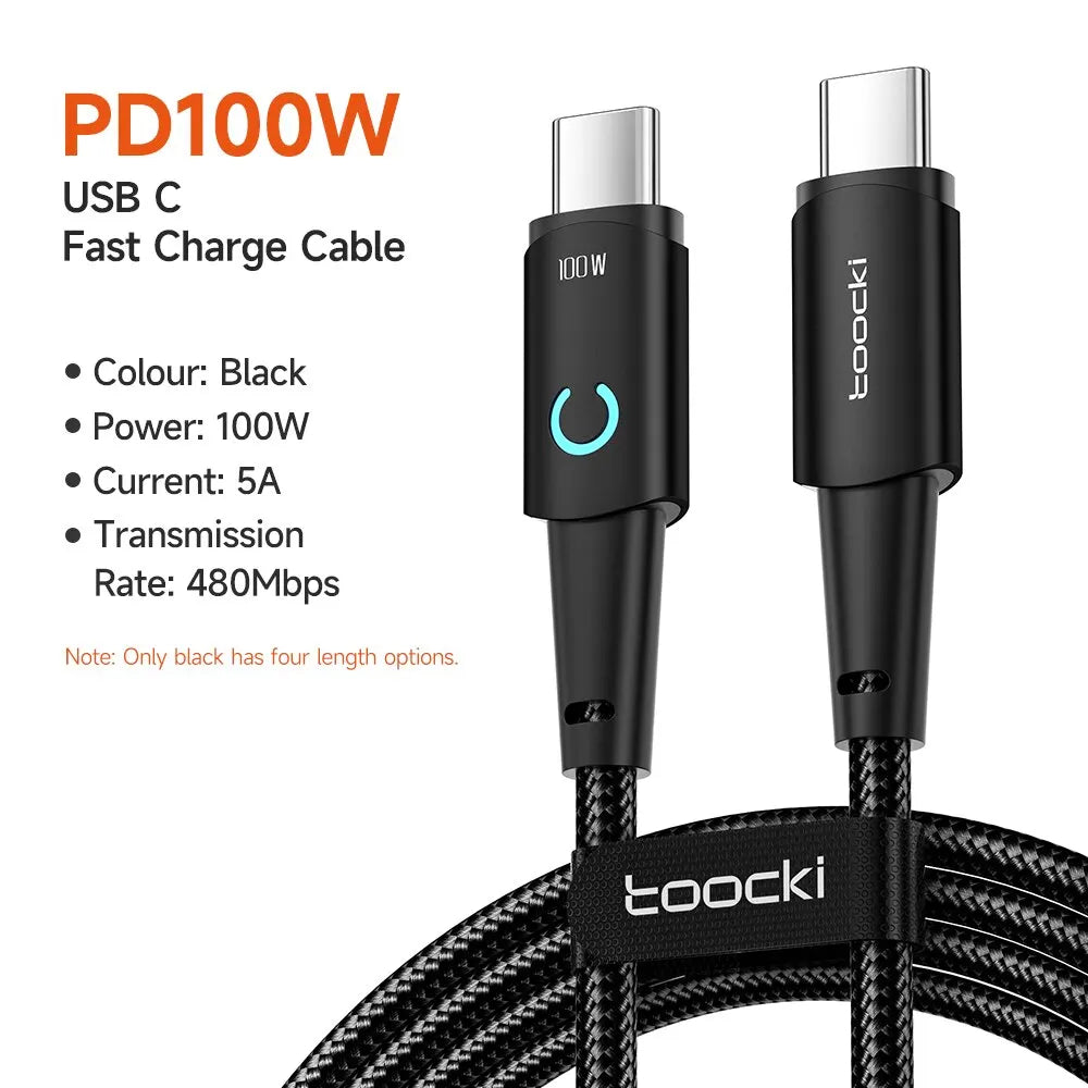 Toocki 100W 5A Dijital Göstergeli Type-C to Type-C E-Marker Çipli Örgülü Hızlı Şarj Kablosu