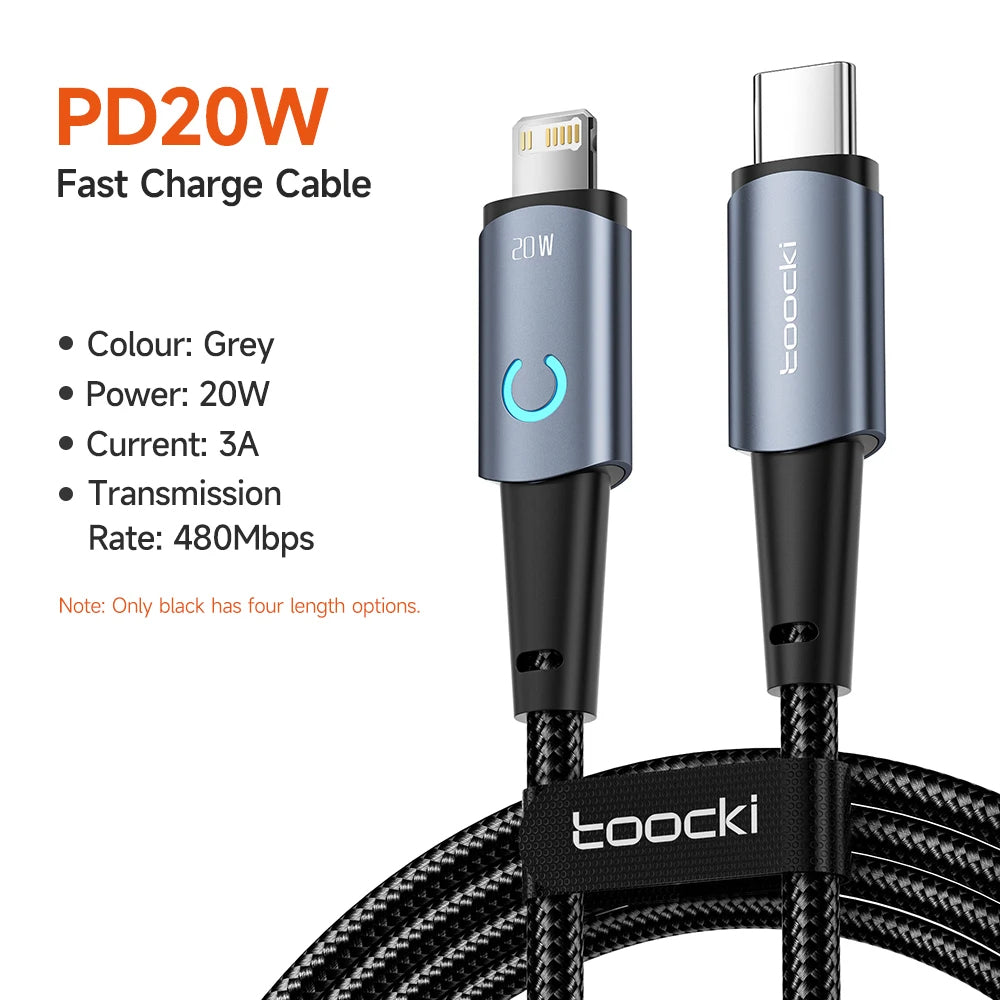 Toocki 20W PD USB-C to Lightning LED Göstergeli Örgülü Hızlı Şarj ve Data Kablosu