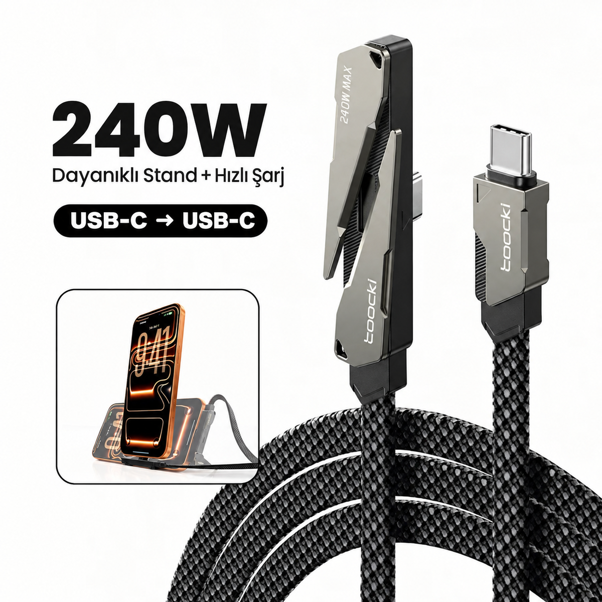 Toocki Blade 240W PD 3.1 Katlanabilir Standlı 90° Type-C to Type-C Örgülü Kablo 1.5M