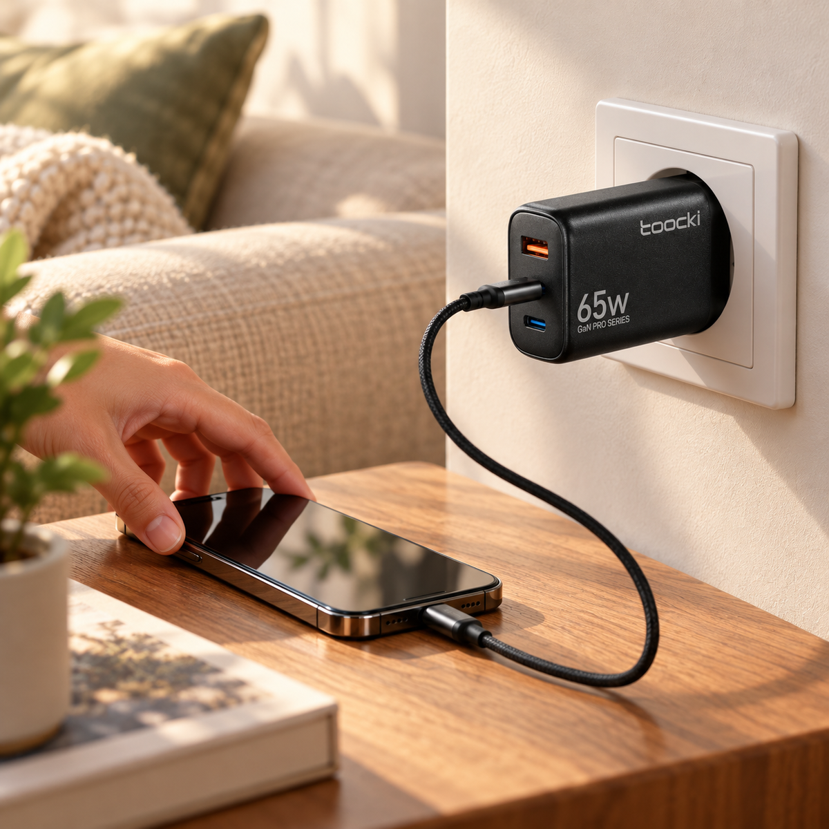 Toocki 65W GaN Pro 3 Portlu Hızlı Şarj Adaptörü 2 USB-C ve 1 USB-A PD 3.0 PPS QC 3.0 Avrupa Tipi Fiş Siyah