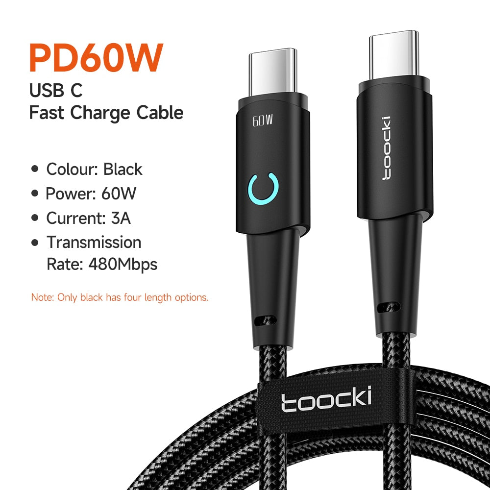 Toocki 60W PD USB-C to USB-C LED Göstergeli Örgülü Hızlı Şarj ve Data Kablosu