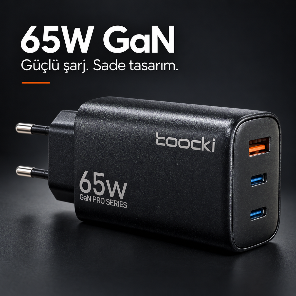 Toocki 65W GaN Pro 3 Portlu Hızlı Şarj Adaptörü 2 USB-C ve 1 USB-A PD 3.0 PPS QC 3.0 Avrupa Tipi Fiş Siyah
