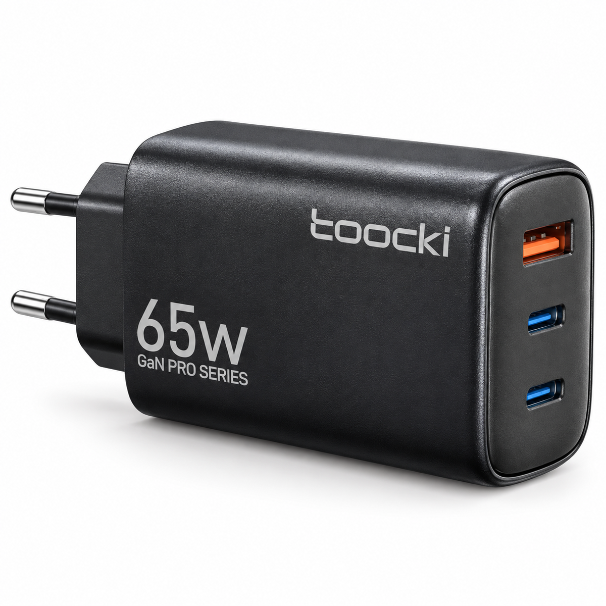Toocki 65W GaN Pro 3 Portlu Hızlı Şarj Adaptörü 2 USB-C ve 1 USB-A PD 3.0 PPS QC 3.0 Avrupa Tipi Fiş Siyah