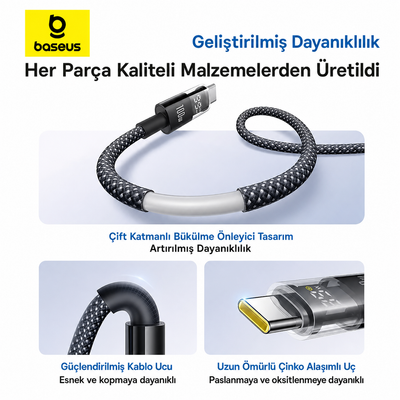 Baseus Display 2 Series 100W LED Dijital Göstergeli Type-C to Type-C PD Hızlı Şarj Kablosu