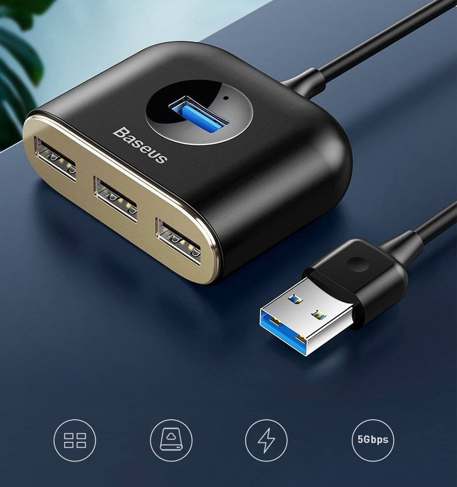 Baseus Square Round 4-in-1 USB Hub – 1x USB 3.0 + 3x USB 2.0, 5Gbps, 1 Metre