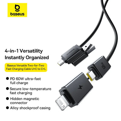 Baseus Versatile 4'ü 1 Arada 60W Hızlı Şarj Kablosu 1M – USB-A/Type-C to Type-C/Lightning