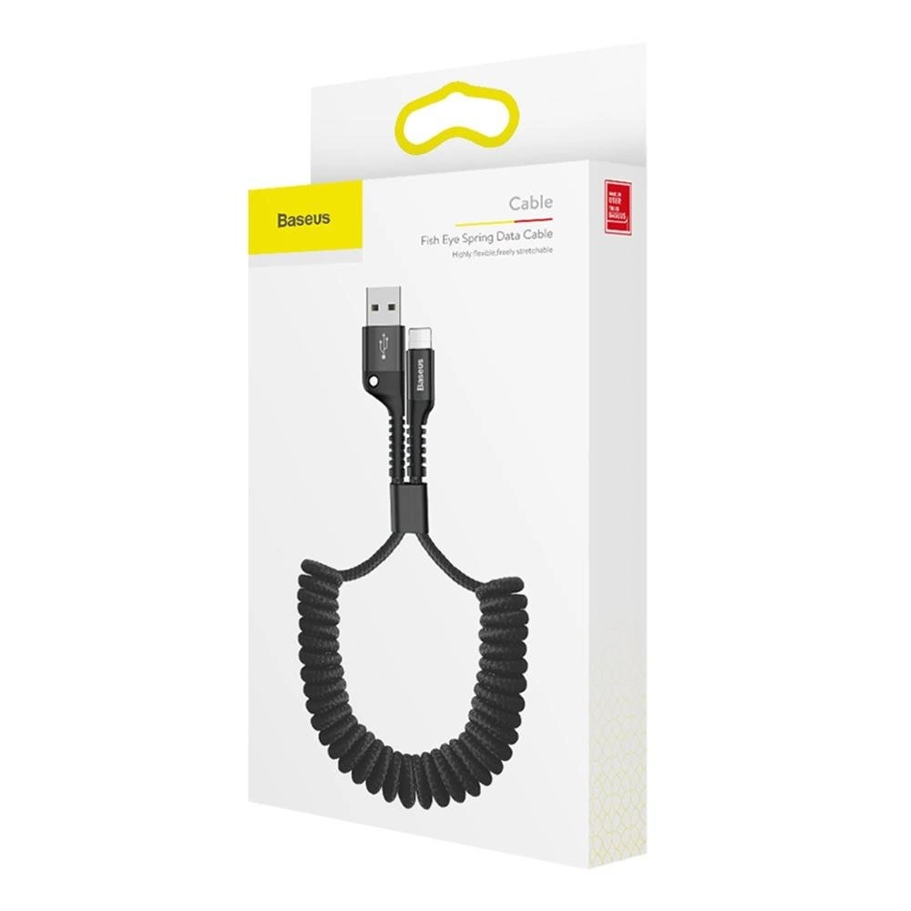Baseus Fish Eye USB-A to Lightning 2A Yaylı Örgülü Şarj ve 480 Mbps Veri Aktarım Kablosu Siyah