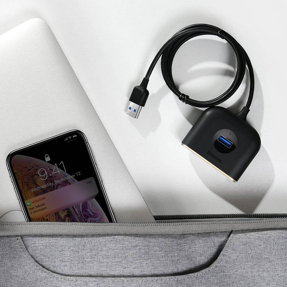 Baseus Square Round 4-in-1 USB Hub – 1x USB 3.0 + 3x USB 2.0, 5Gbps, 1 Metre