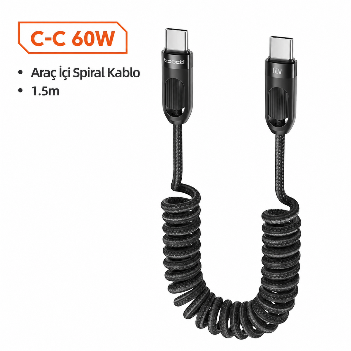 Toocki 60W Spiral Type-C to Type-C Örgülü Hızlı Şarj ve Data Kablosu