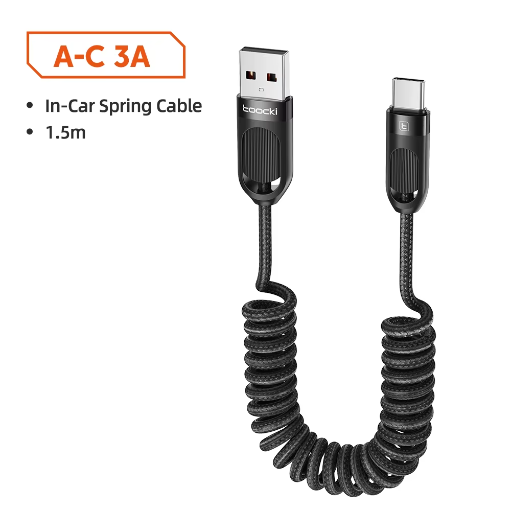 Toocki 3A Spiral Örgülü USB-A to Type-C Hızlı Şarj ve 480Mbps Data Kablosu