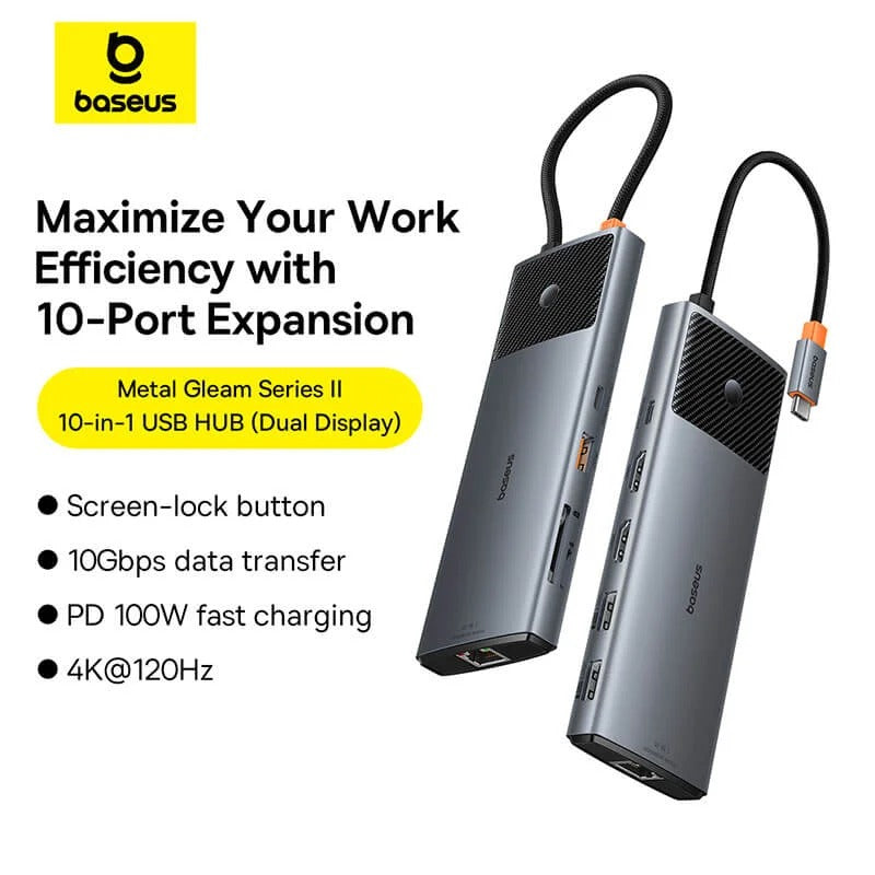 Baseus Metal Gleam Series II 10-in-1 USB-C Hub – Çift HDMI 4K, 100W PD, 10Gbps, Gigabit Ethernet