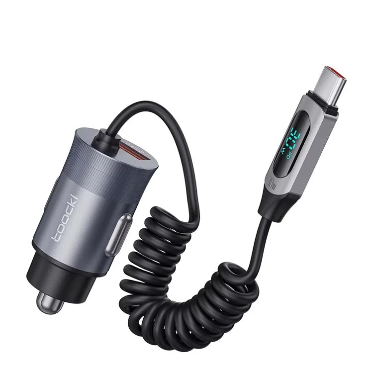 Toocki 65W Spiral Type-C Kablolu Araç Şarj Cihazı – Dijital Göstergeli + USB-A Port