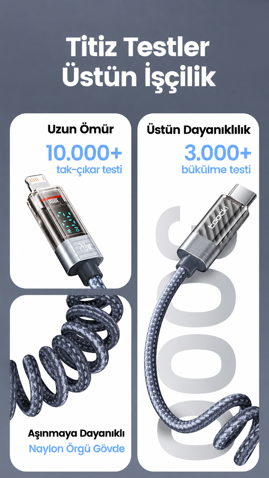 Toocki 20W PD Dijital Watt Göstergeli Type-C to Lightning Yaylı Örgülü Hızlı Şarj ve 480 Mbps Veri Aktarım Kablosu 1,8 Metre