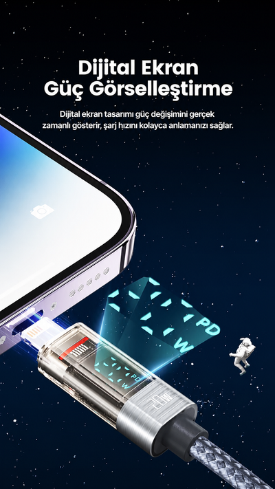 Toocki 20W PD Dijital Watt Göstergeli Type-C to Lightning Yaylı Örgülü Hızlı Şarj ve 480 Mbps Veri Aktarım Kablosu 1,8 Metre