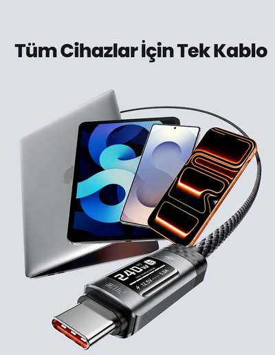 Toocki 240W PD 3.1 OLED Ekranlı Type-C to Type-C Hızlı Şarj Kablosu E-Marker Çipli