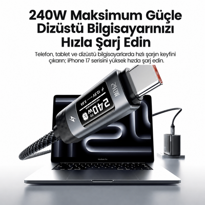 Toocki 240W PD 3.1 OLED Ekranlı Type-C to Type-C Hızlı Şarj Kablosu E-Marker Çipli