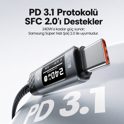 Toocki 240W PD 3.1 OLED Ekranlı Type-C to Type-C Hızlı Şarj Kablosu E-Marker Çipli
