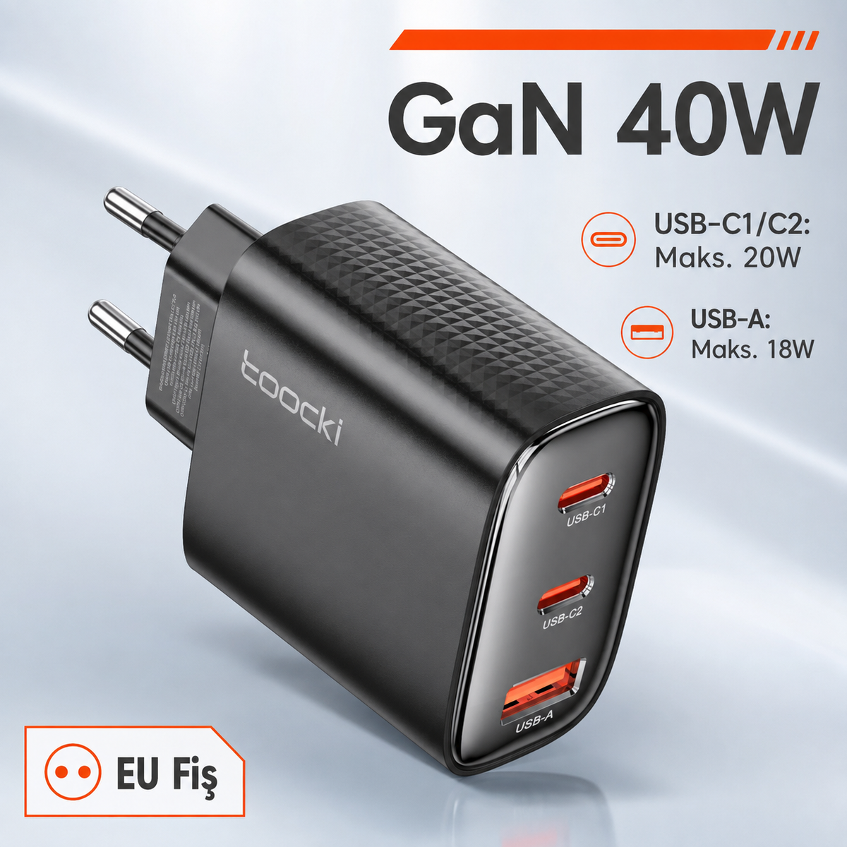 Toocki 40W GaN 3 Port Hızlı Şarj Adaptörü – 2× USB-C + USB-A, PD 20W