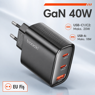 Toocki 40W GaN 3 Port Hızlı Şarj Adaptörü – 2× USB-C + USB-A, PD 20W