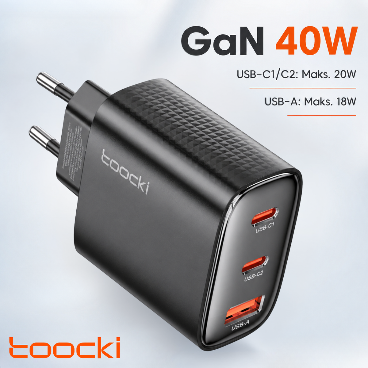 Toocki 40W GaN 3 Port Hızlı Şarj Adaptörü – 2× USB-C + USB-A, PD 20W