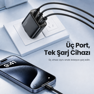 Toocki 40W GaN 3 Port Hızlı Şarj Adaptörü – 2× USB-C + USB-A, PD 20W