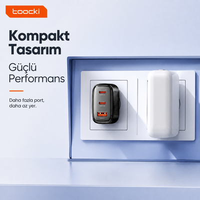Toocki 40W GaN 3 Port Hızlı Şarj Adaptörü – 2× USB-C + USB-A, PD 20W
