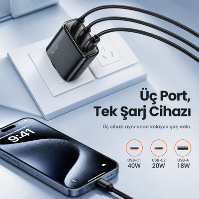 Toocki 40W GaN 3 Port Hızlı Şarj Adaptörü – 2× USB-C + USB-A, PD 20W