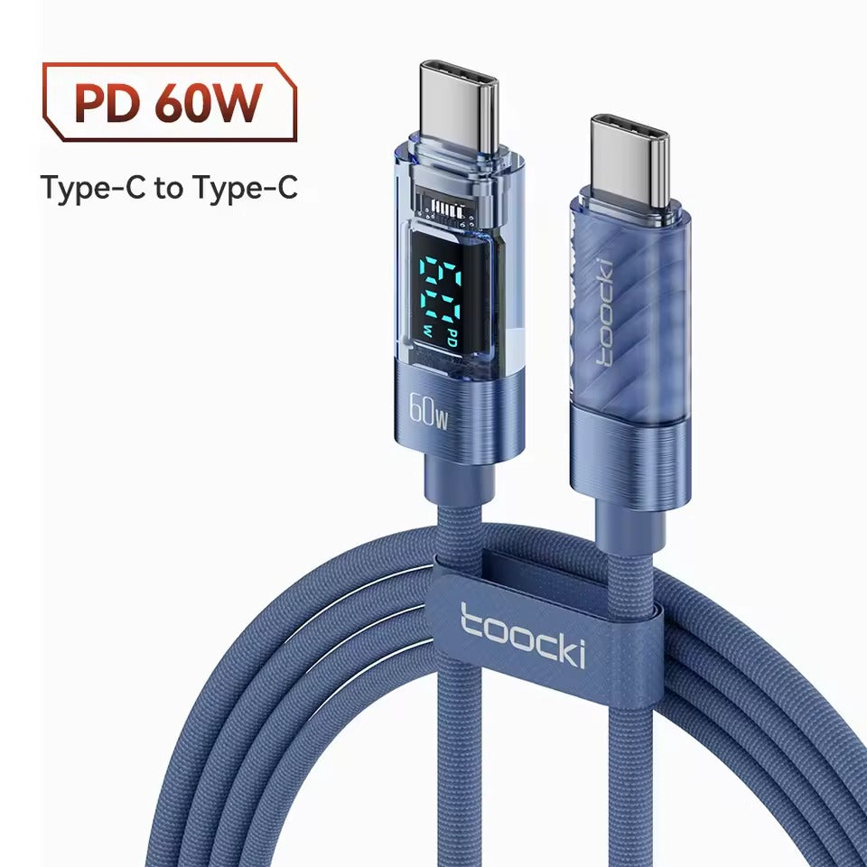 Toocki 60W Dijital Göstergeli Type-C to Type-C PD Hızlı Şarj ve Data Kablosu