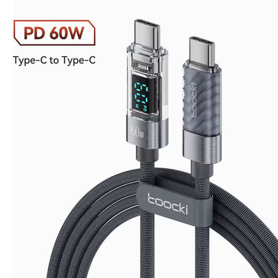 Toocki 60W Dijital Göstergeli Type-C to Type-C PD Hızlı Şarj ve Data Kablosu