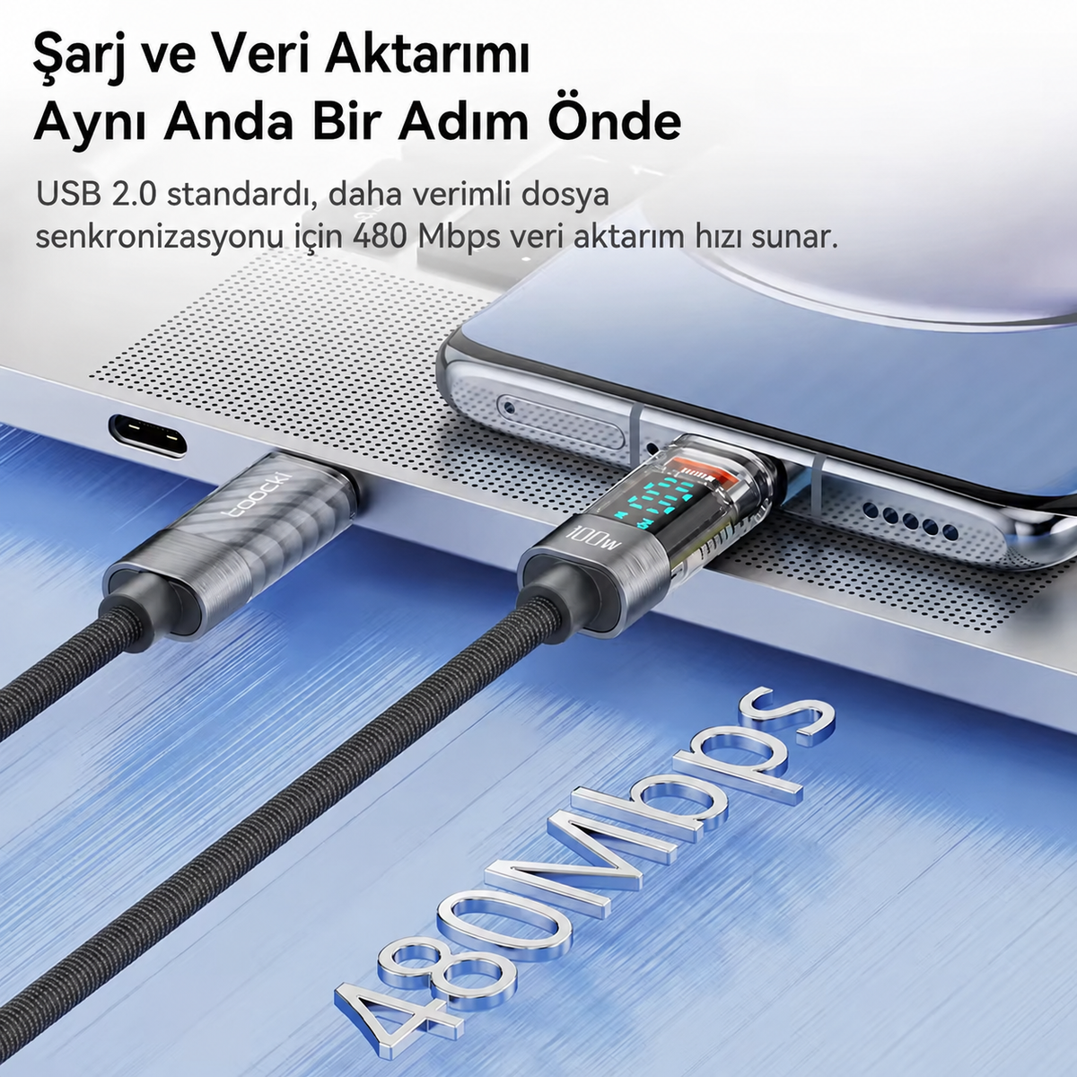 Toocki 60W Dijital Göstergeli Type-C to Type-C PD Hızlı Şarj ve Data Kablosu