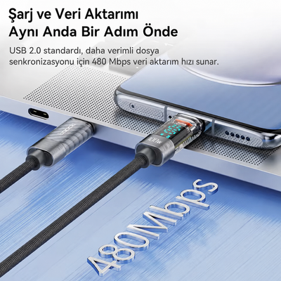 Toocki 60W Dijital Göstergeli Type-C to Type-C PD Hızlı Şarj ve Data Kablosu