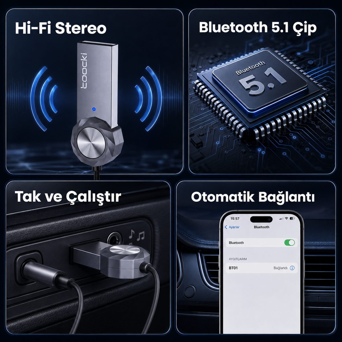 Toocki Bluetooth 5.1 AUX Araç Ses Adaptörü