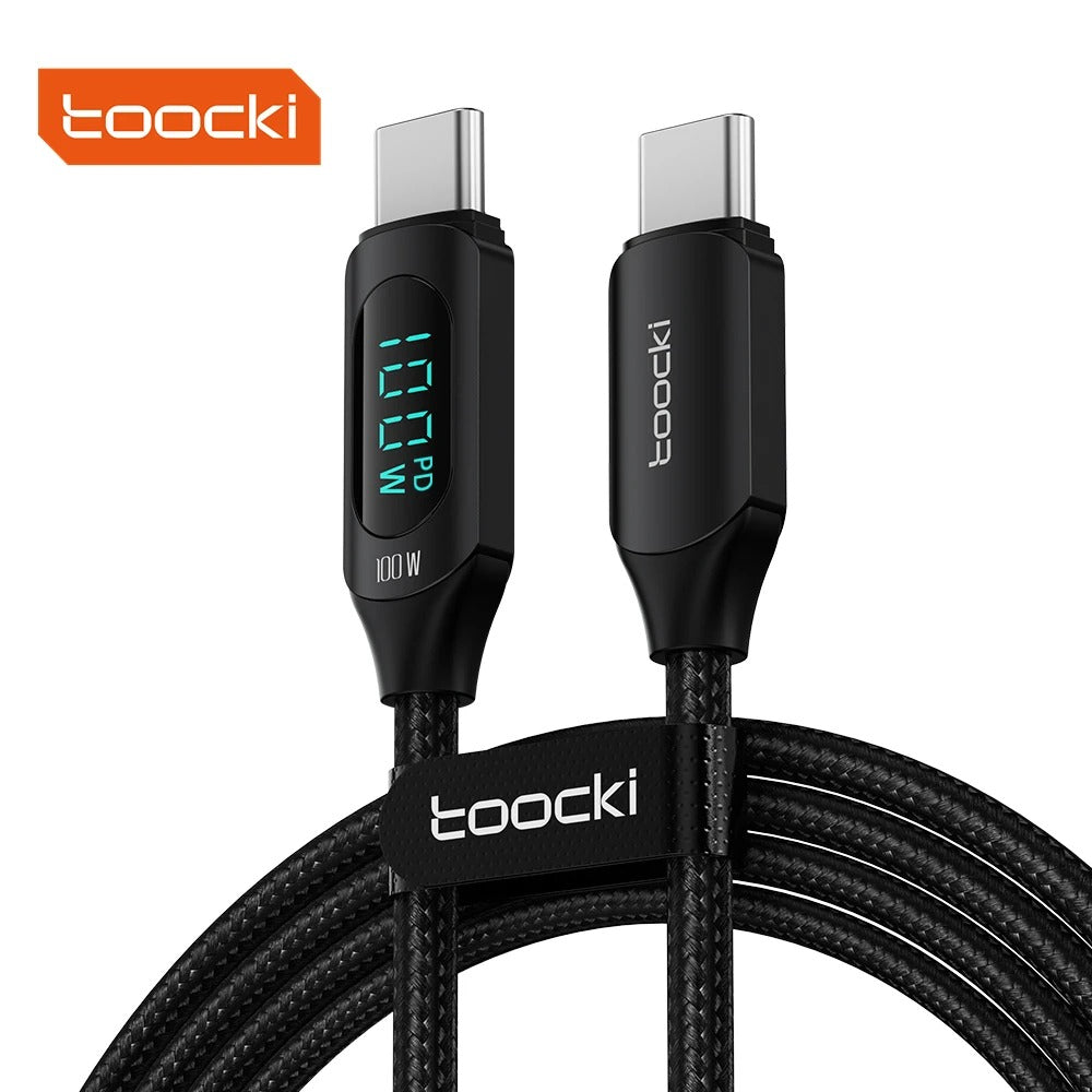 Toocki TQ-X03 100W 5A Dijital Göstergeli Type-C to Type-C PD Hızlı Şarj ve 480 Mbps Veri Aktarım Kablosu E-Marker Çipli Örgülü