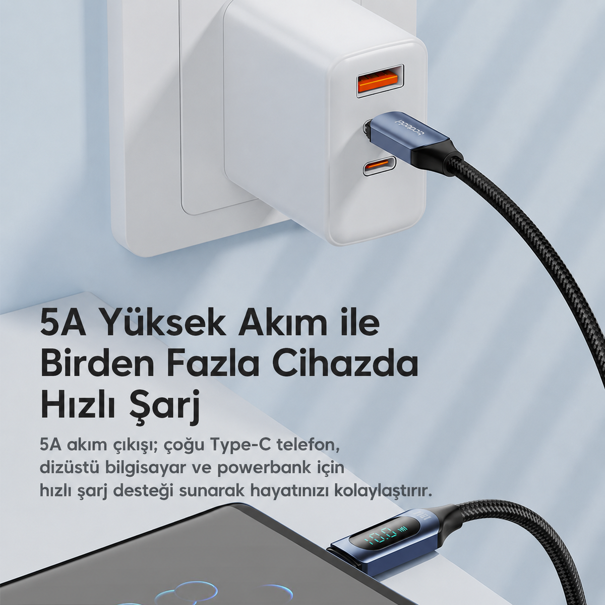 Toocki TQ-X03 100W 5A Dijital Göstergeli Type-C to Type-C PD Hızlı Şarj ve 480 Mbps Veri Aktarım Kablosu E-Marker Çipli Örgülü