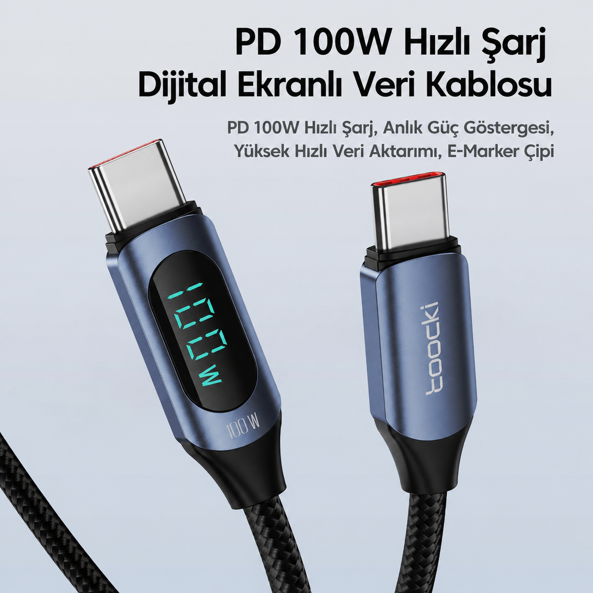 Toocki TQ-X03 100W 5A Dijital Göstergeli Type-C to Type-C PD Hızlı Şarj ve 480 Mbps Veri Aktarım Kablosu E-Marker Çipli Örgülü