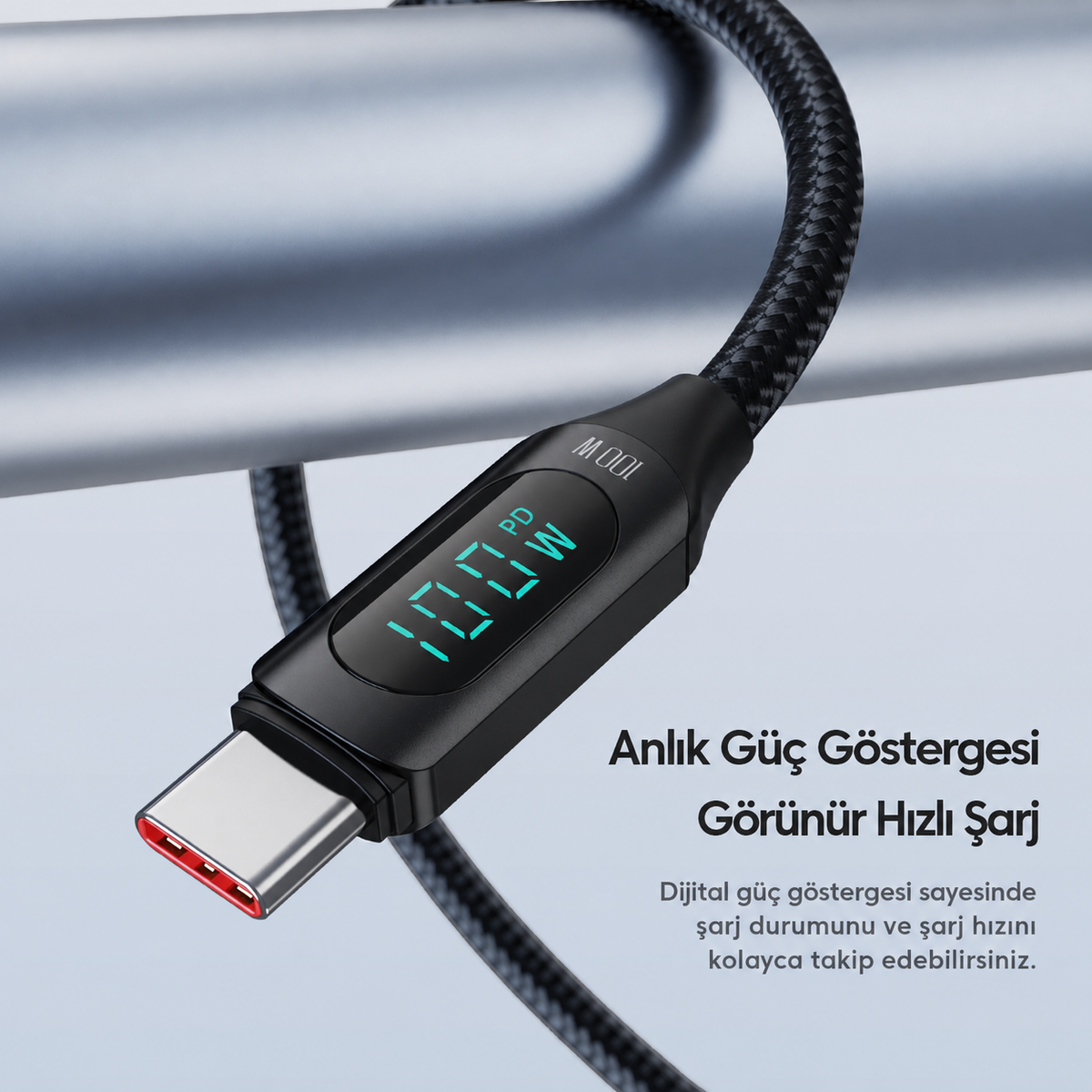 Toocki TQ-X03 100W 5A Dijital Göstergeli Type-C to Type-C PD Hızlı Şarj ve 480 Mbps Veri Aktarım Kablosu E-Marker Çipli Örgülü