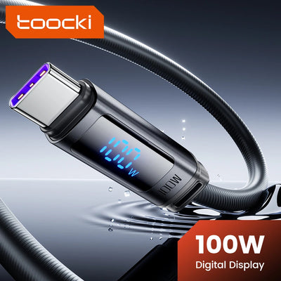 Toocki  Tangxin 100W Dijital Ekranlı USB-A to USB-C Silikon Hızlı Şarj ve Data Kablosu 2 Metre Siyah - TX113A2