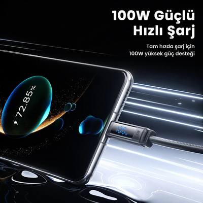 Toocki  Tangxin 100W Dijital Ekranlı USB-A to USB-C Silikon Hızlı Şarj ve Data Kablosu 2 Metre Siyah - TX113A2