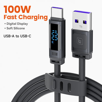 Toocki  Tangxin 100W Dijital Ekranlı USB-A to USB-C Silikon Hızlı Şarj ve Data Kablosu 2 Metre Siyah - TX113A2
