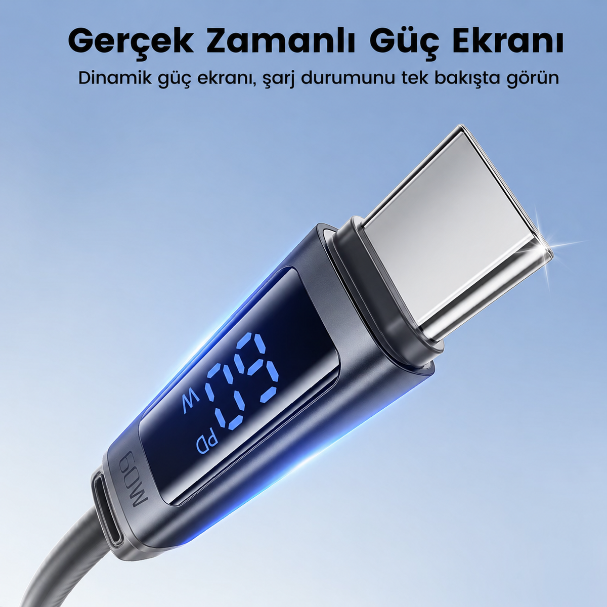 Toocki Tangxin 60W Dijital Ekranlı USB-C to USB-C Silikon Hızlı Şarj ve Data Kablosu 480 Mbps - TX113C2