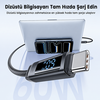 Toocki Tangxin 60W Dijital Ekranlı USB-C to USB-C Silikon Hızlı Şarj ve Data Kablosu 480 Mbps - TX113C2