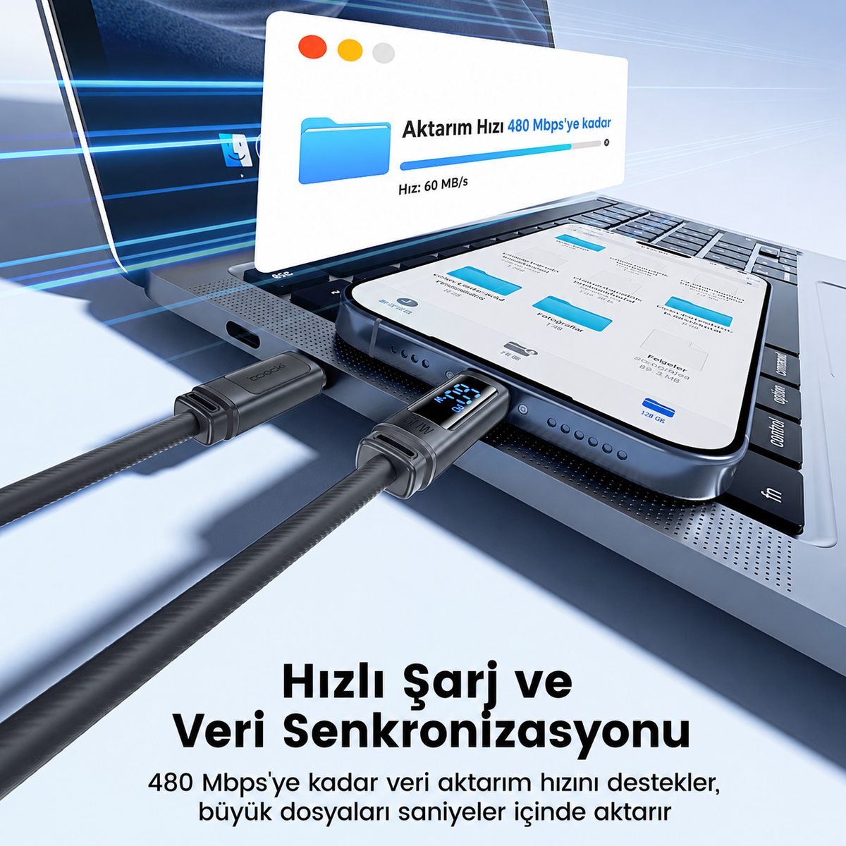Toocki Tangxin 60W Dijital Ekranlı USB-C to USB-C Silikon Hızlı Şarj ve Data Kablosu 480 Mbps - TX113C2